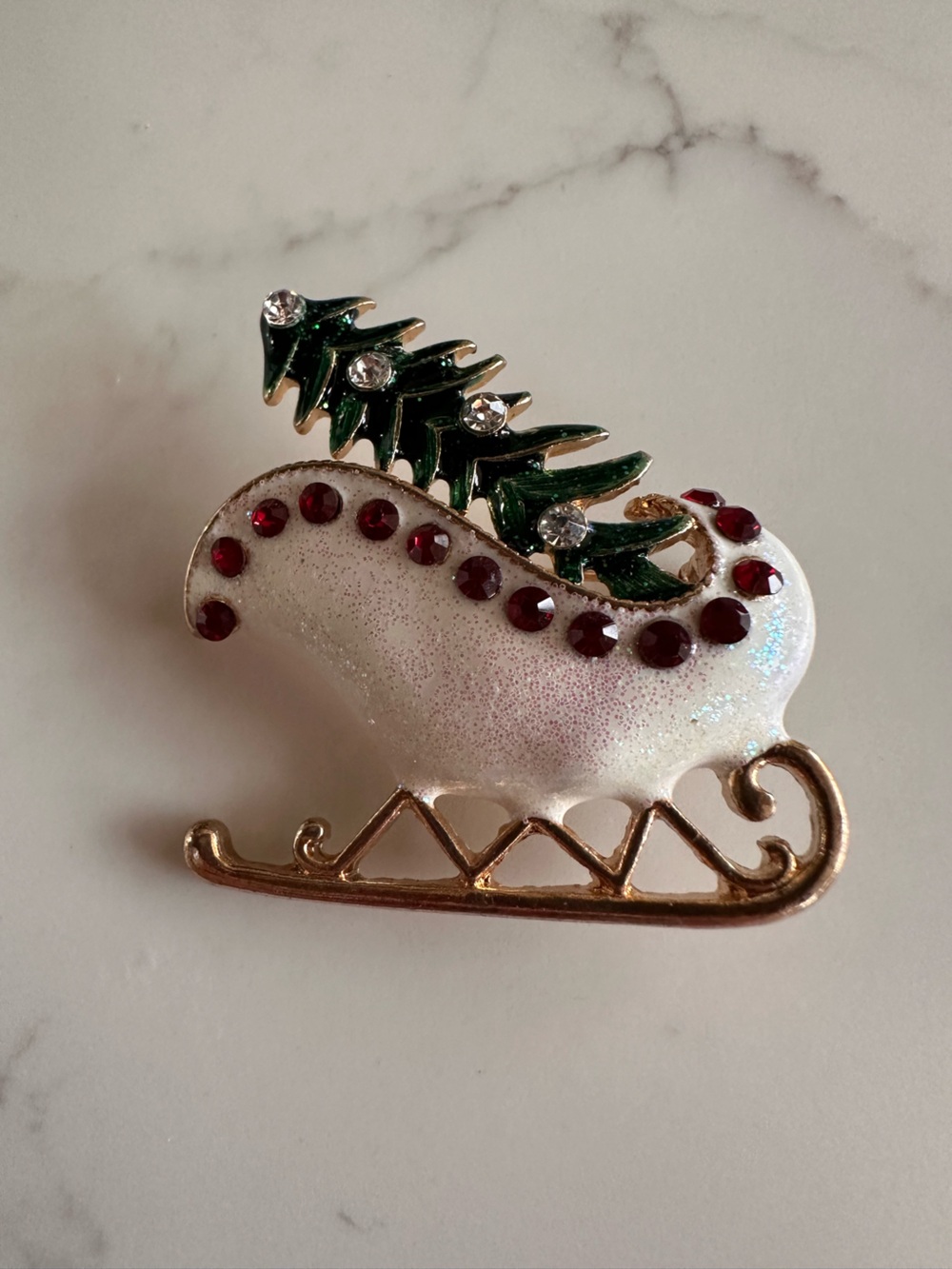 Holiday Christmas 🤶 sleigh Brooch with Red Crystals and Green Accents